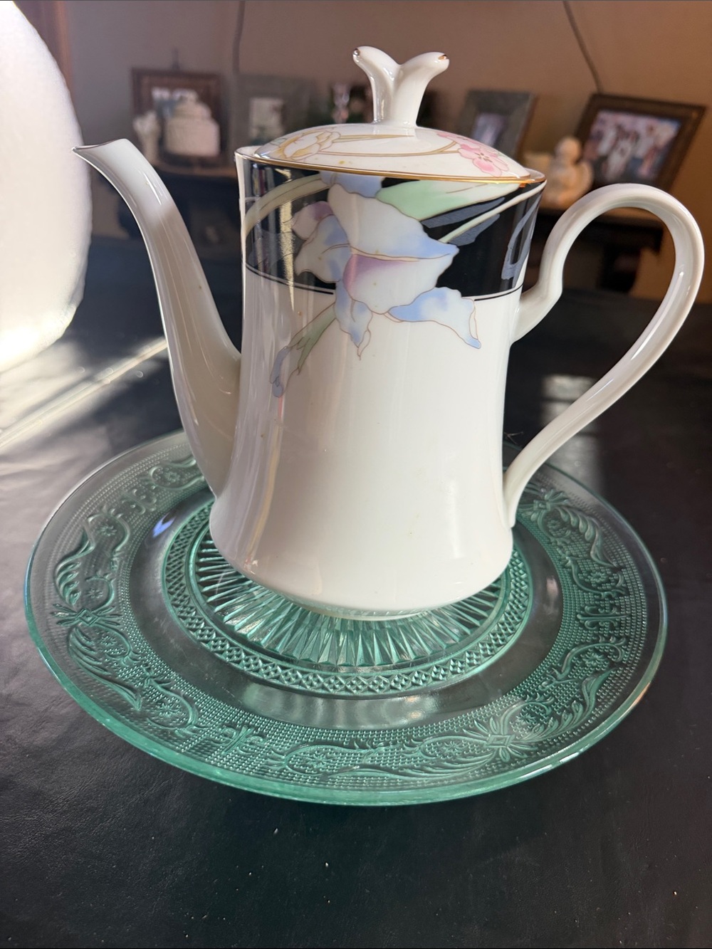 Mikasa White Porcelain Teapot with Black Rim and Pastel Floral Detail
